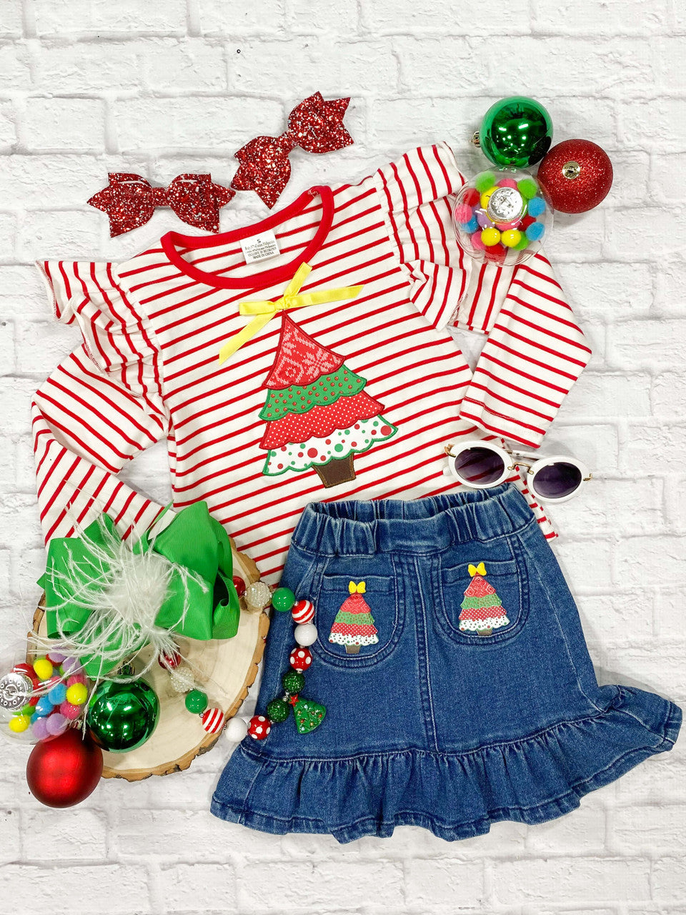 Christmas Tree Ruffled Shoulder Denim Skirt Set The Hair Bow Company