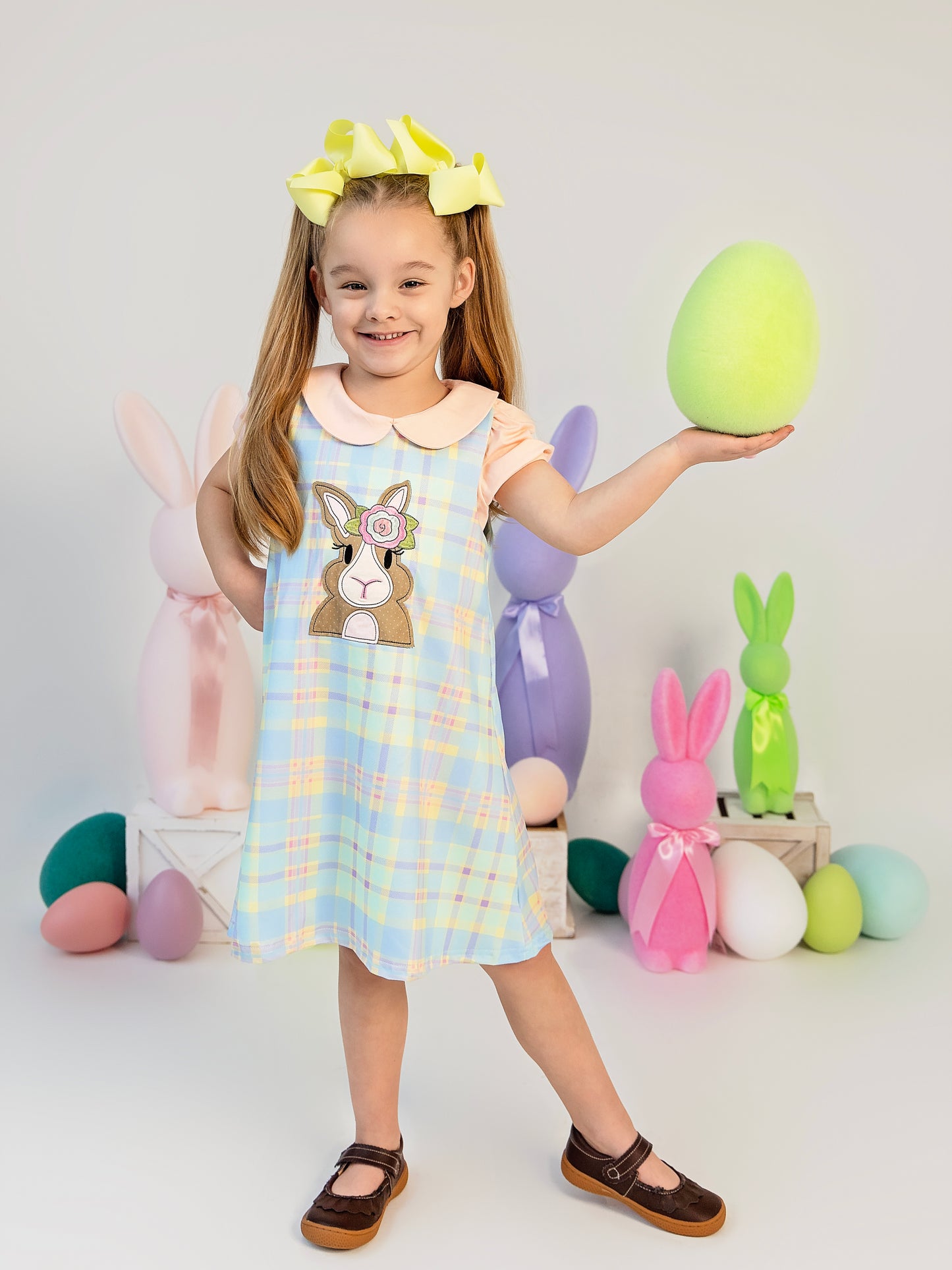 Plaid Easter Bunny Dress Set on a model