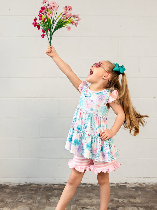 Light Pink Floral & Striped Shorts Set on a model