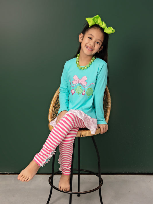 Embroidered Clovers with Striped Leggings Set on a model