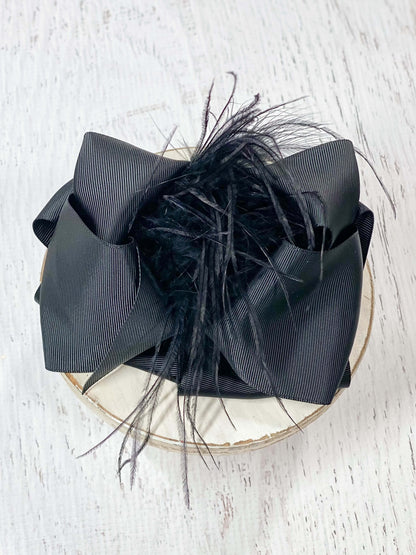 Texas Size Feather Puff Looped Knot Hair Bow Black