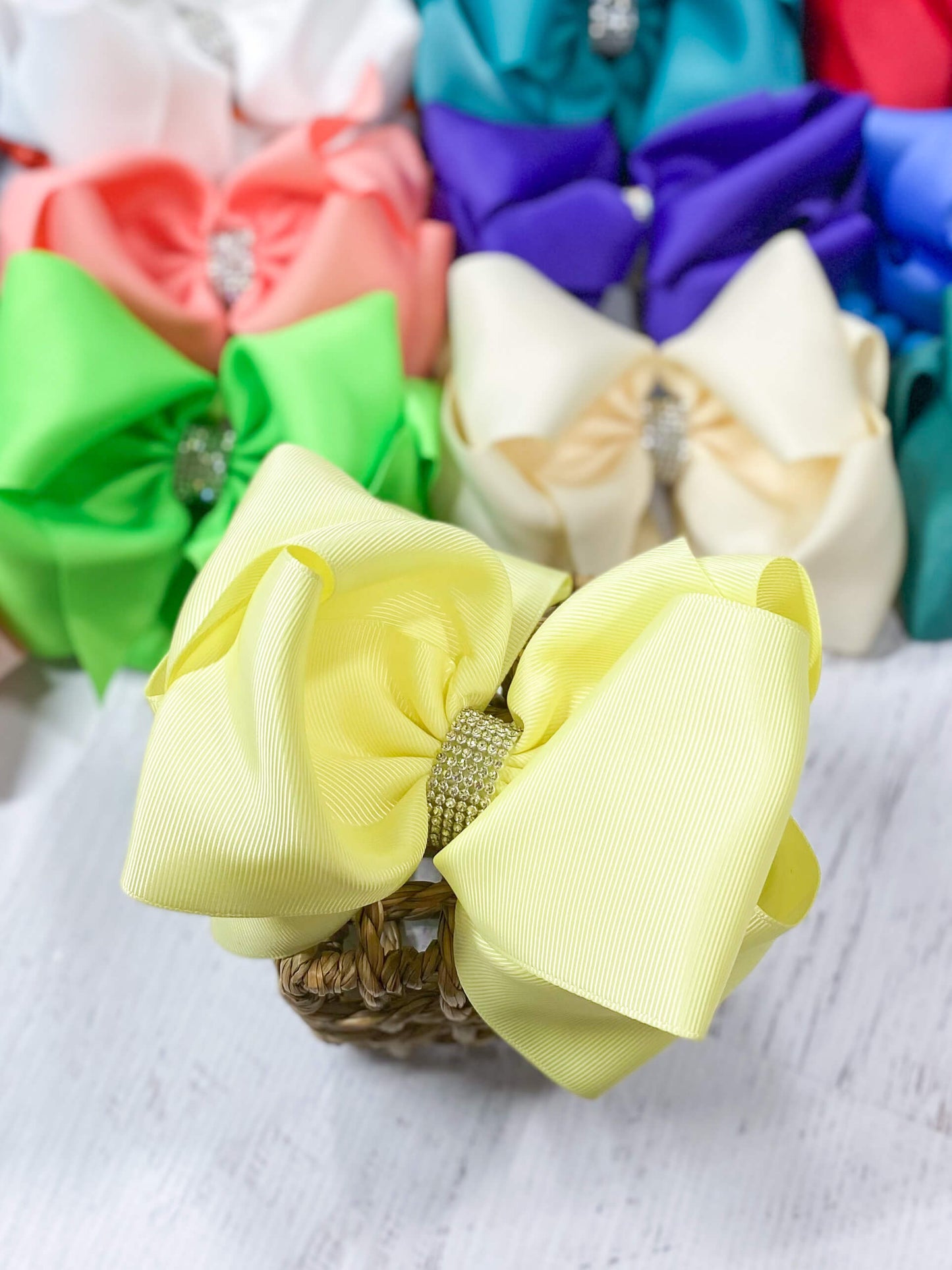 Light Yellow Texas Size Rhinestone Center Knot Hair Bow