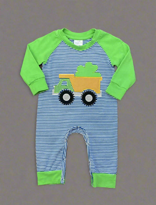 St. Patrick's Day raglan romper for boys with a dump truck and three-leaf clover applique.