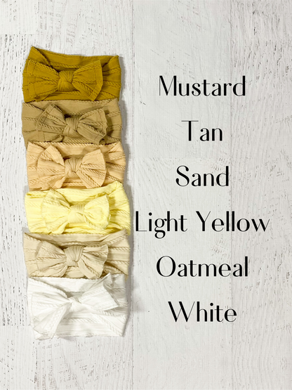 Cable Knit Bow Headbands in Mustard. Tan, Sand, Light Yellow, Oatmeal, White