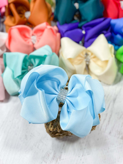 Sky Blue Texas Size Rhinestone Center Knot Hair Bow