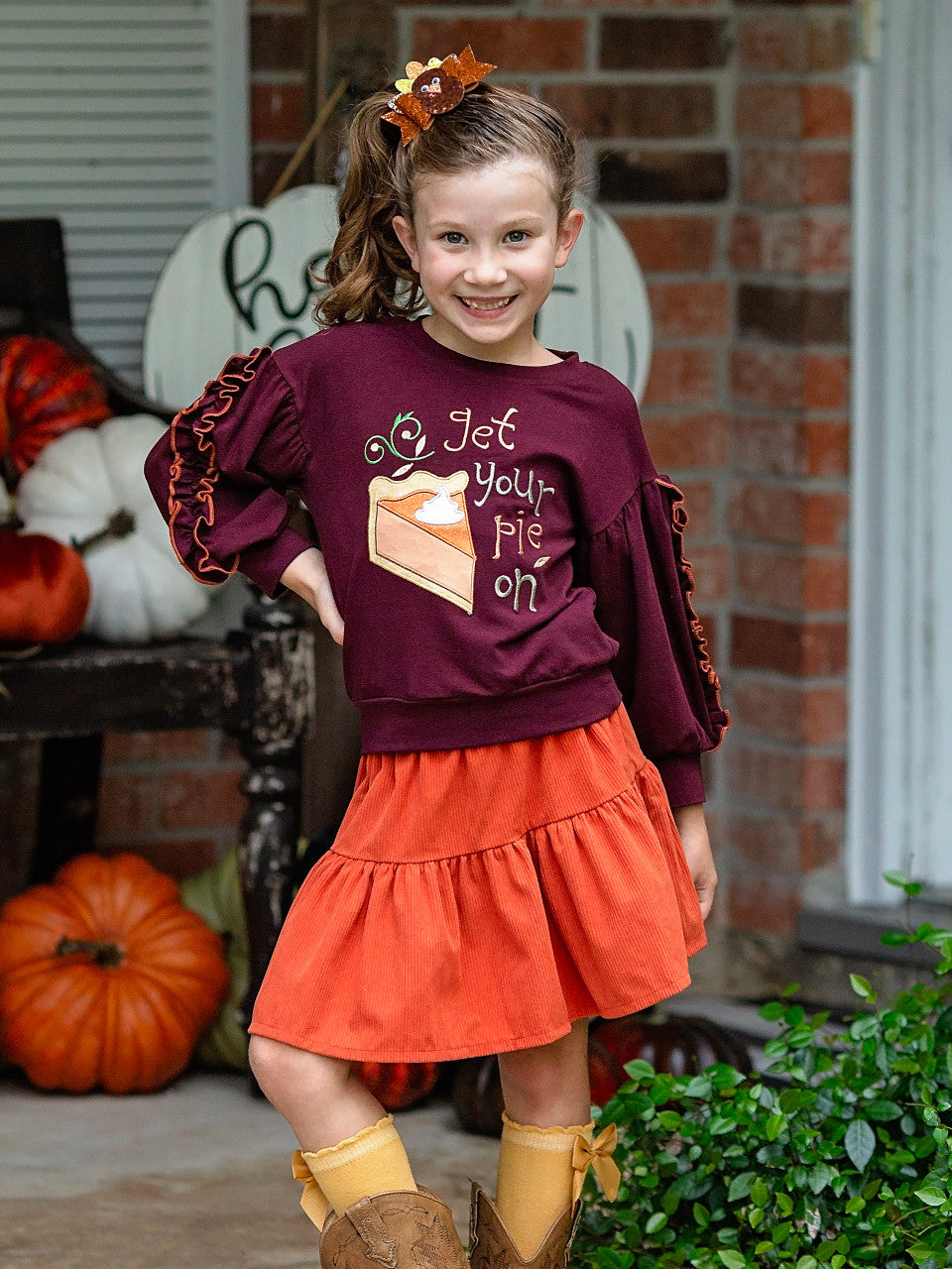 Get your pie on skirt set boutique outfit on a little girl.