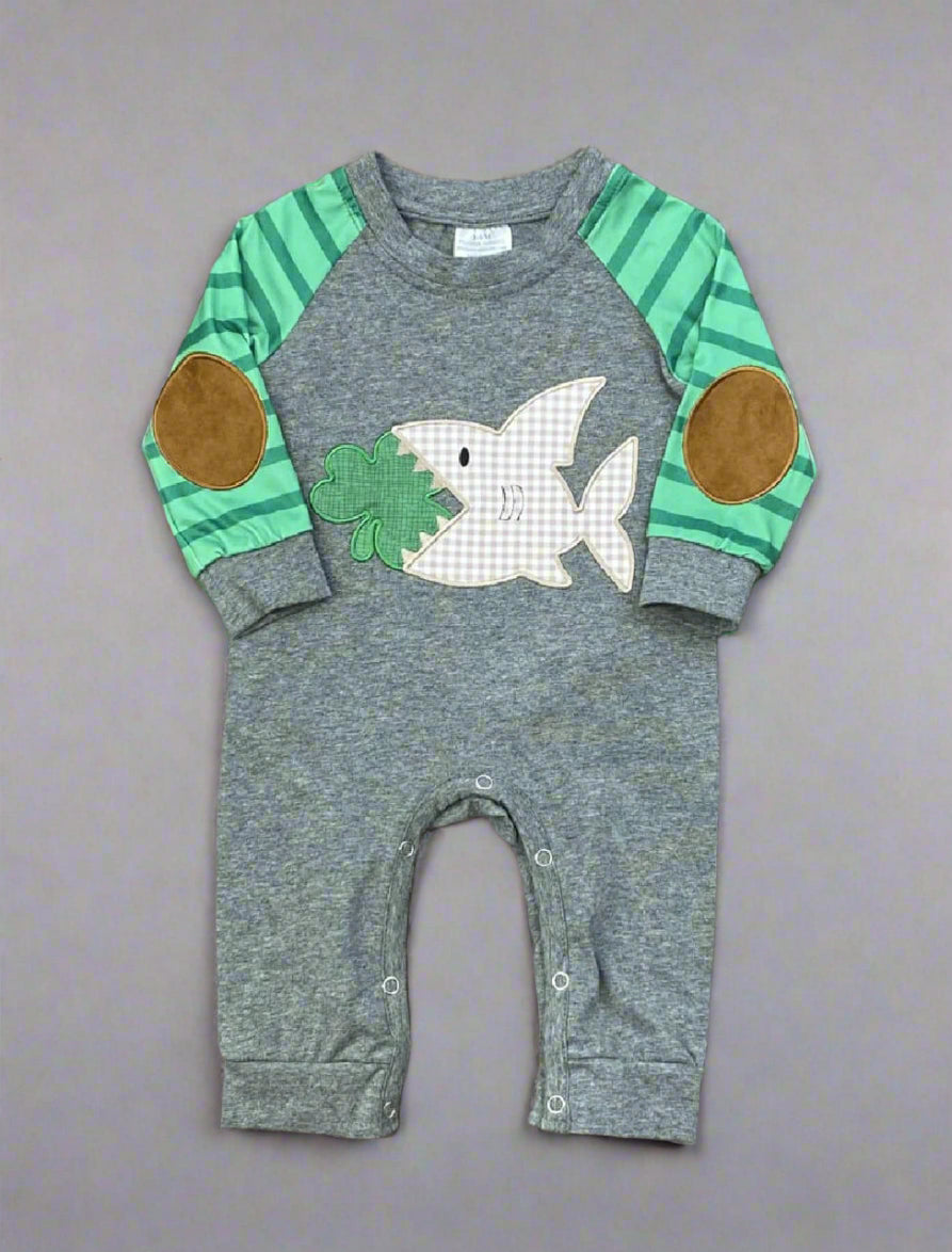 St. Patrick's Day raglan romper for boys with a shark and three-leaf clover applique.