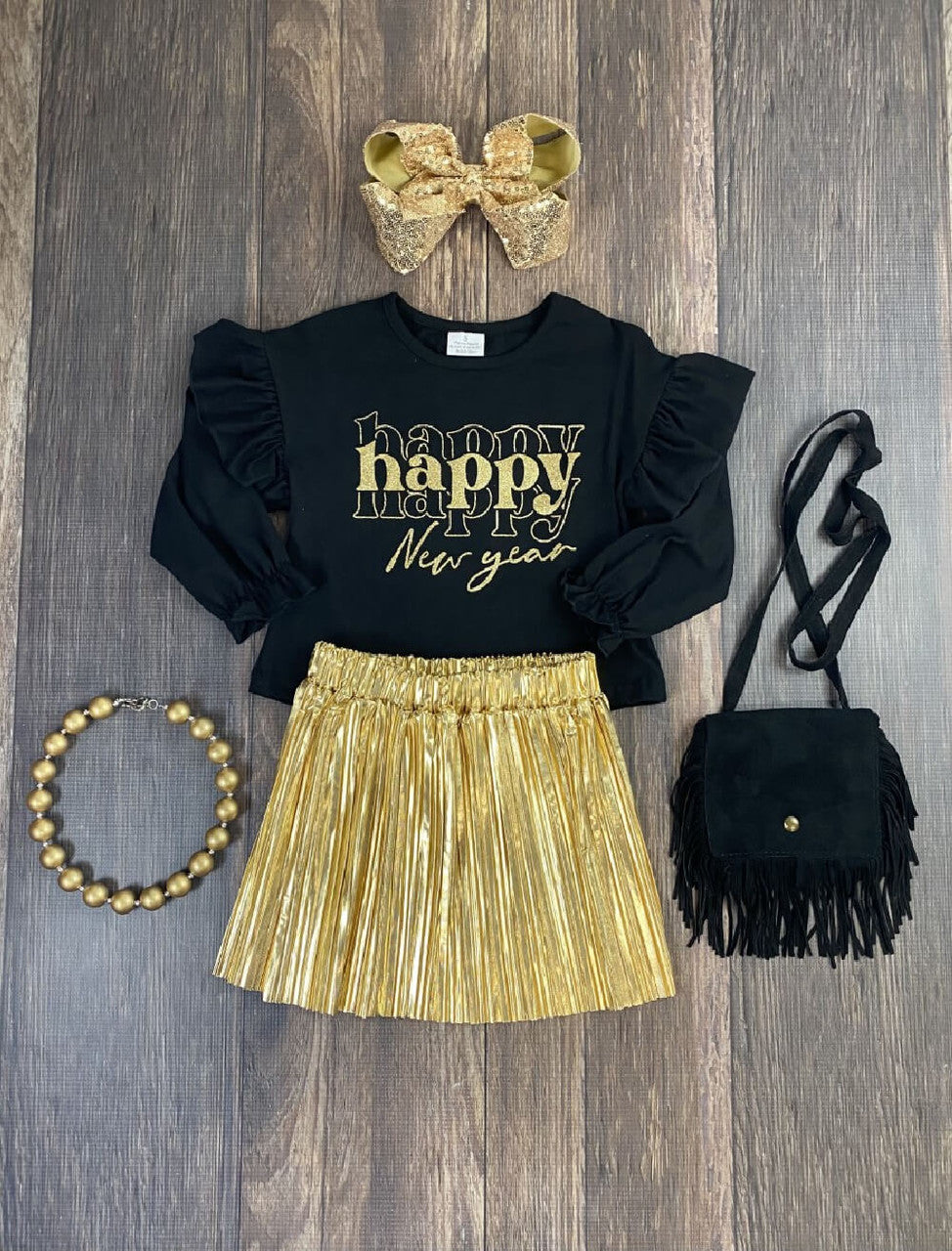 Ruffled Long Black Sleeve Happy New Year Top and Gold Shimmery Skirt Set.