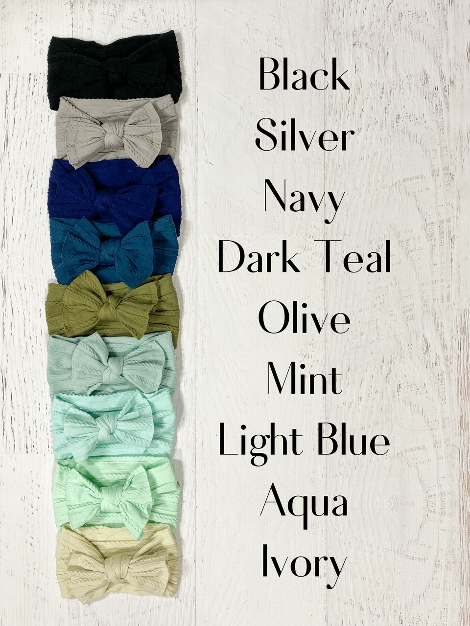 Cable Knit Bow Headbands in Black, Silver, Navy, Dark Teal, Olive, Mint, Light Blue, Aqua, Ivory