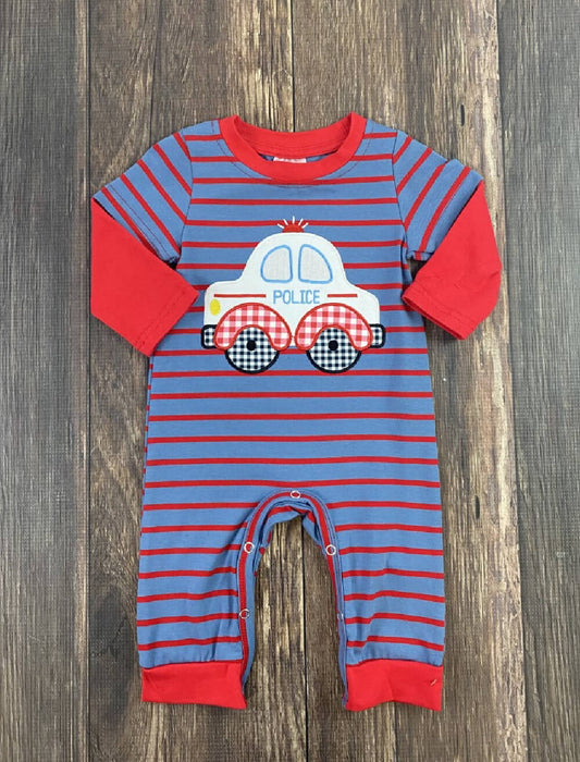 Red striped romper with police car applique for boys.