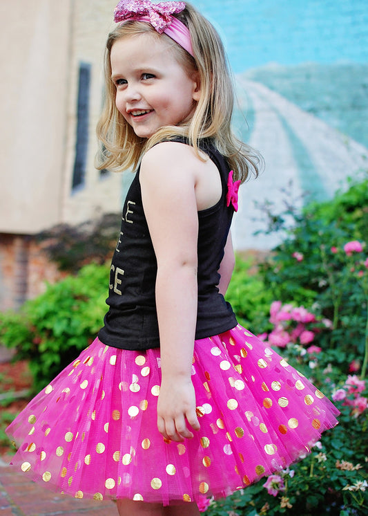 Available in a variety of colors with gold dots, the waist is a stretchy satin lined material to fit a wide age range and the tulle skirt is about 10."  Available in one size only, this tutu fits most kids between 18m-4 years.