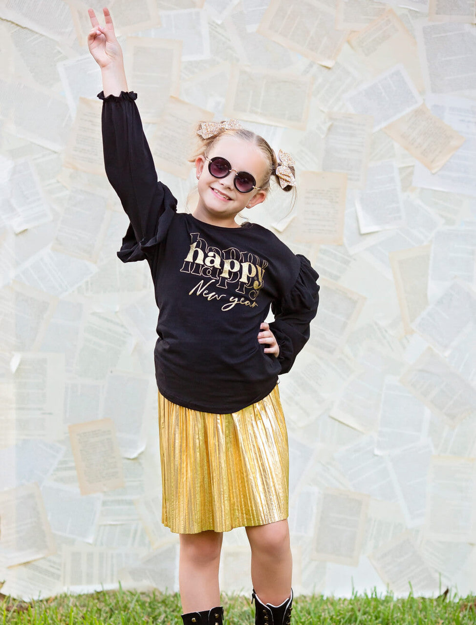 Ruffled Long Black Sleeve Happy New Year Top and Gold Shimmery Skirt Set.