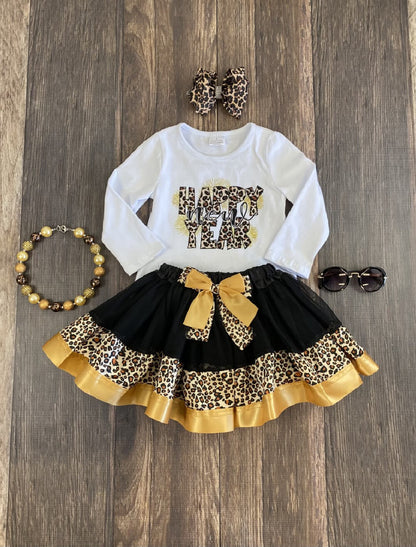 Animal print Happy New Year long sleeve shirt & super fluffy black, gold, & animal print tulle skirt. 