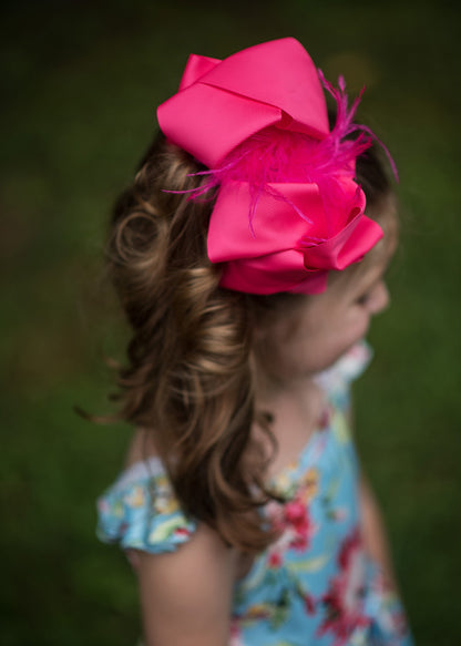 Texas Size Feather Puff Looped Knot Hair Bow Hot Pink