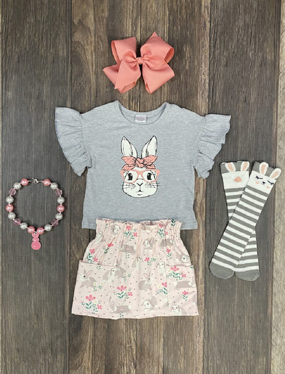 Grey Bunny With Glasses Top With Floral Print Skirt Set.