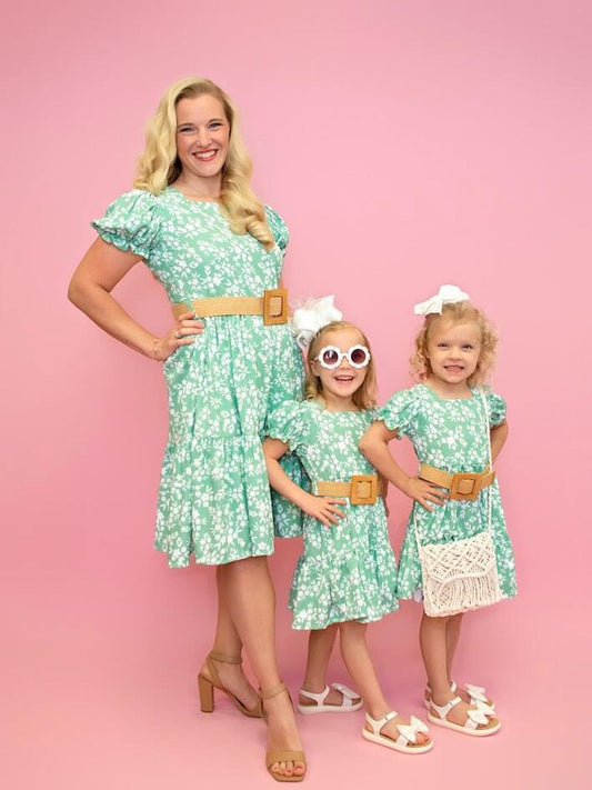 Mommy & Me Green Floral Belted Dress-On Models