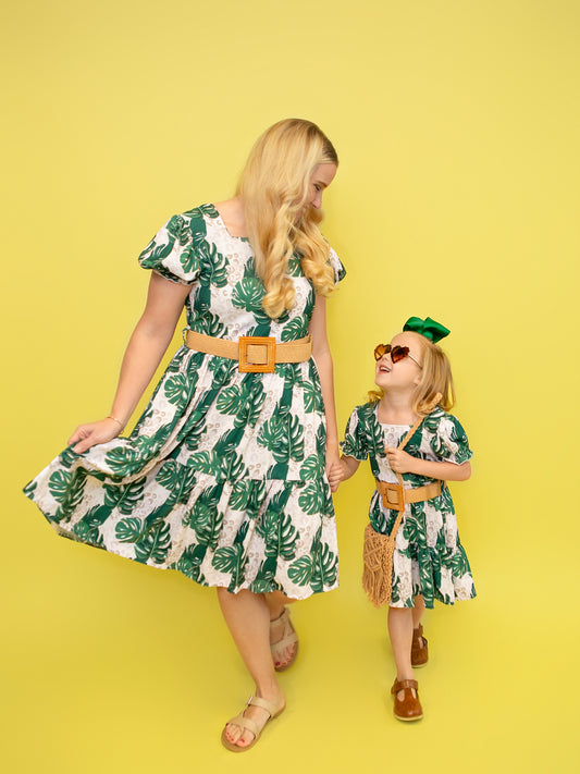 Mom & me green tropical belted dress on models