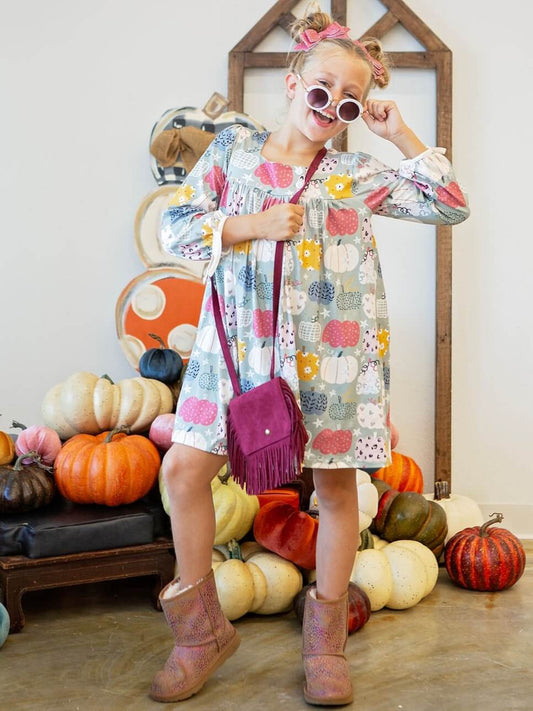 Pattern pumpkin dress on model