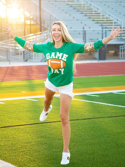 Game Day top on mom model in green