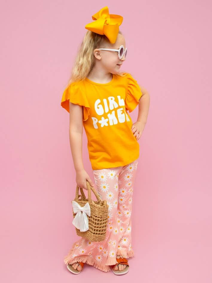 Mustard, White & Light Pink Girl Power Flare Pants Set-On Model.