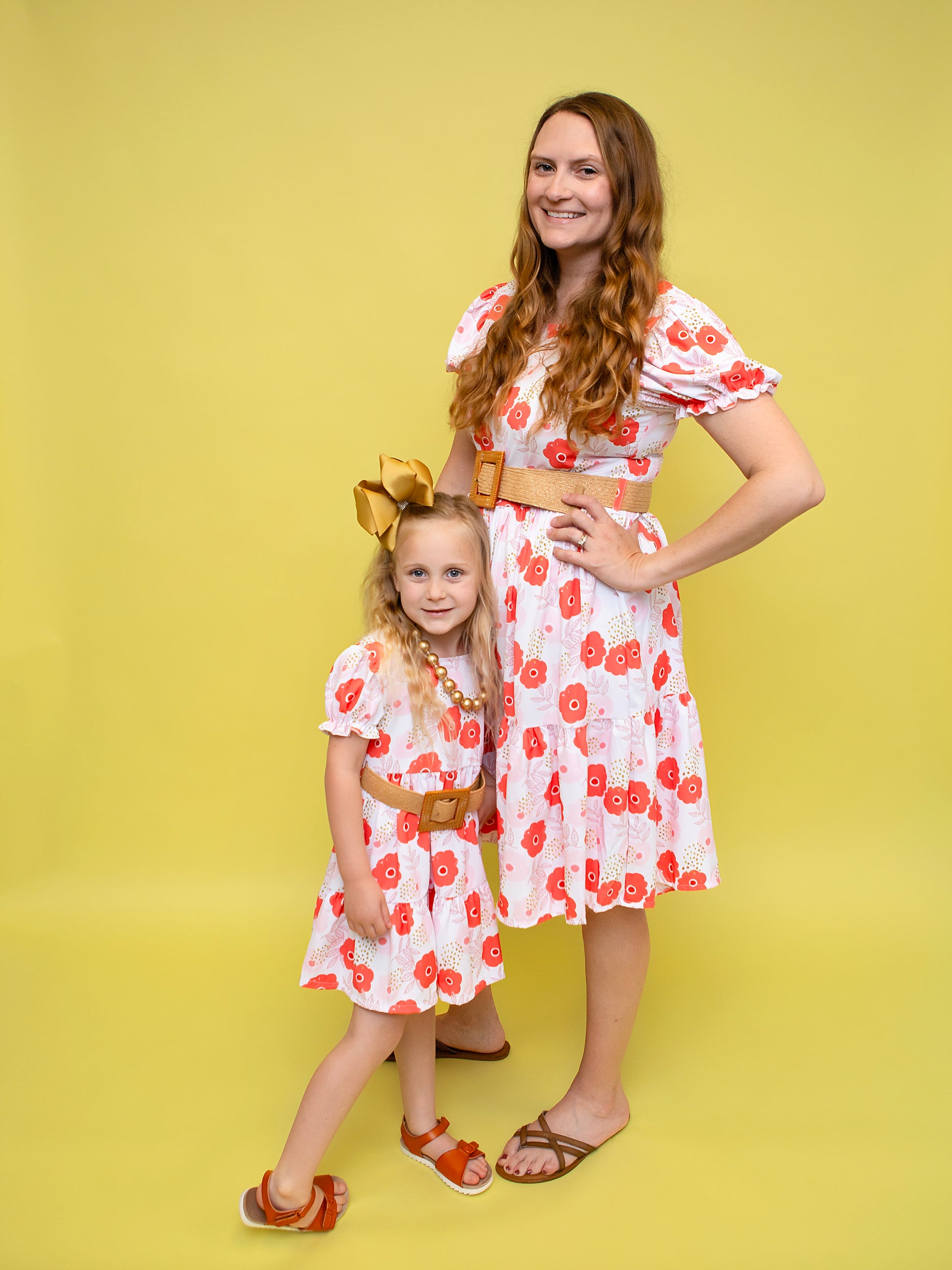 Mommy & Me Pink & Orange Poppies Belted Dress-On Models