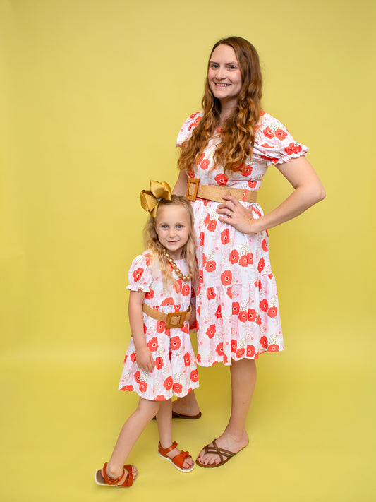 Mommy & Me Pink & Orange Poppies Belted Dress-On Models