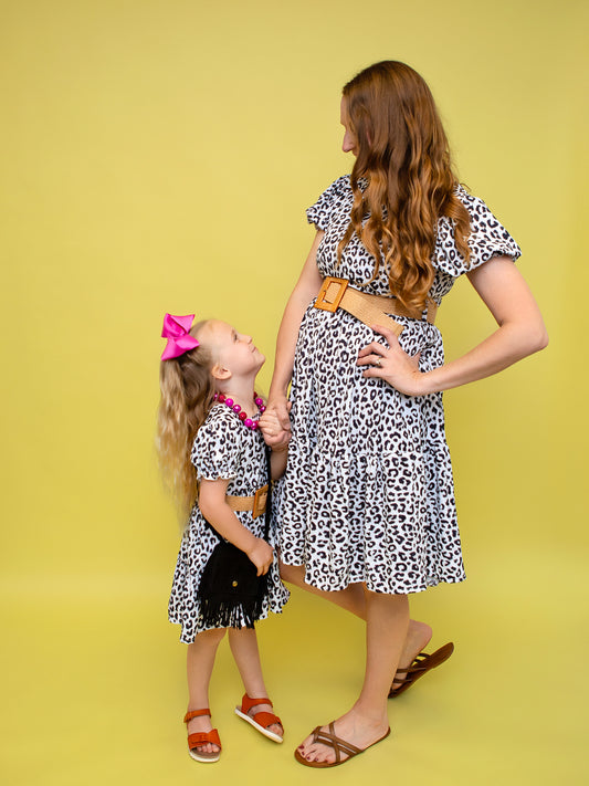 Mommy & Me Black & White Animal Print Belted Dress-On Models