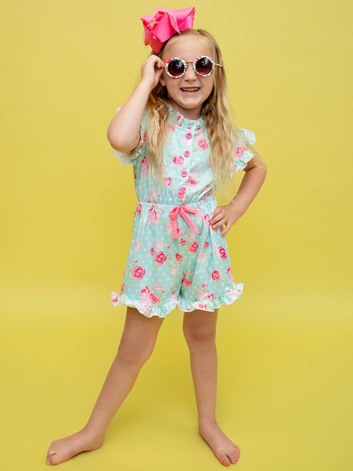 Aqua with Pink Roses Romper On Model