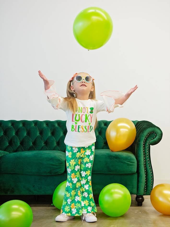 White Top With Bell Sleeves, Green & Gold Shamrock Print Pants