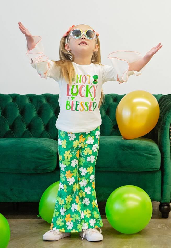 White Top With Bell Sleeves, Green & Gold Shamrock Print Pants