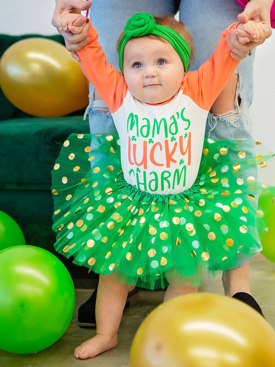 Item shown on model with our green and gold dot baby tutu.