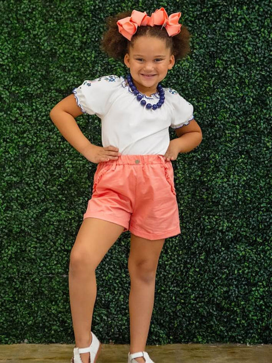 White & Navy Embroidered Top With Coral Shorts