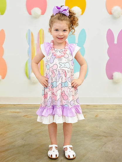 Tan & Fushia Rose Colored Peeps Print Dress on Model