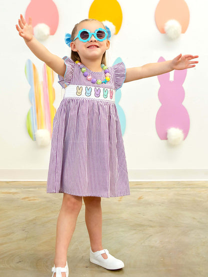 Purple Striped Dress With Embroidered Bunnies Detail on Model