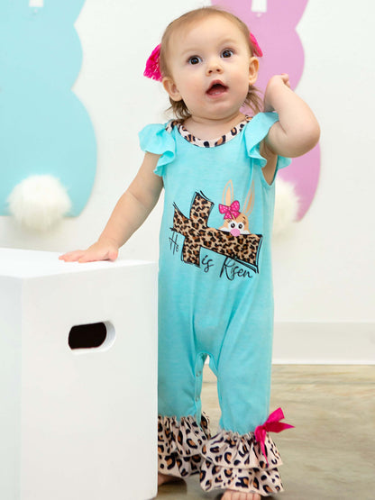 Aqua He is Risen Romper With Animal Print Ruffle Details on Model