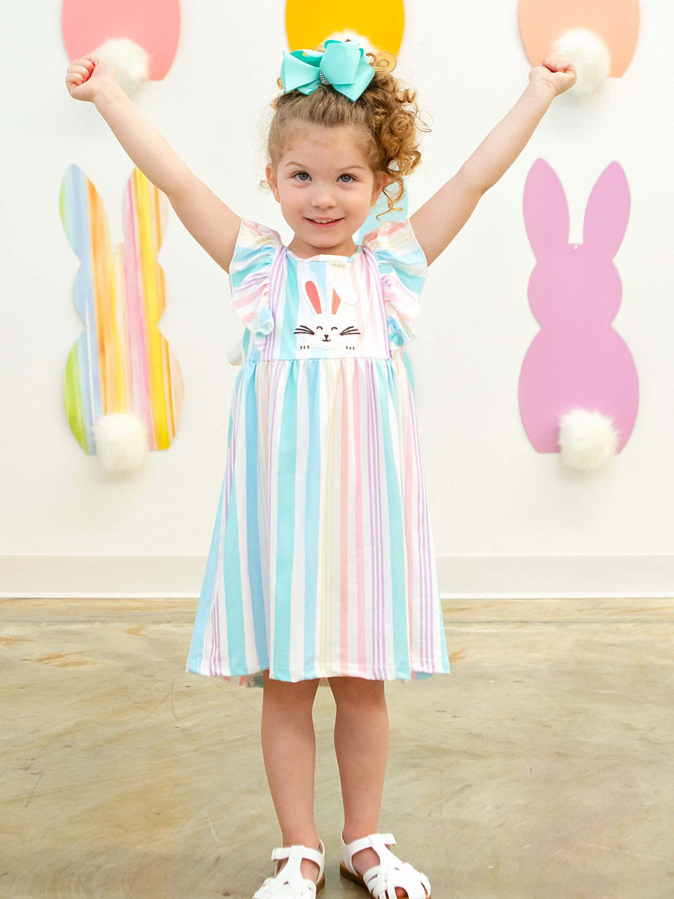 Striped Pastel Bunny Graphic Dress With Flutter Sleeves on Model