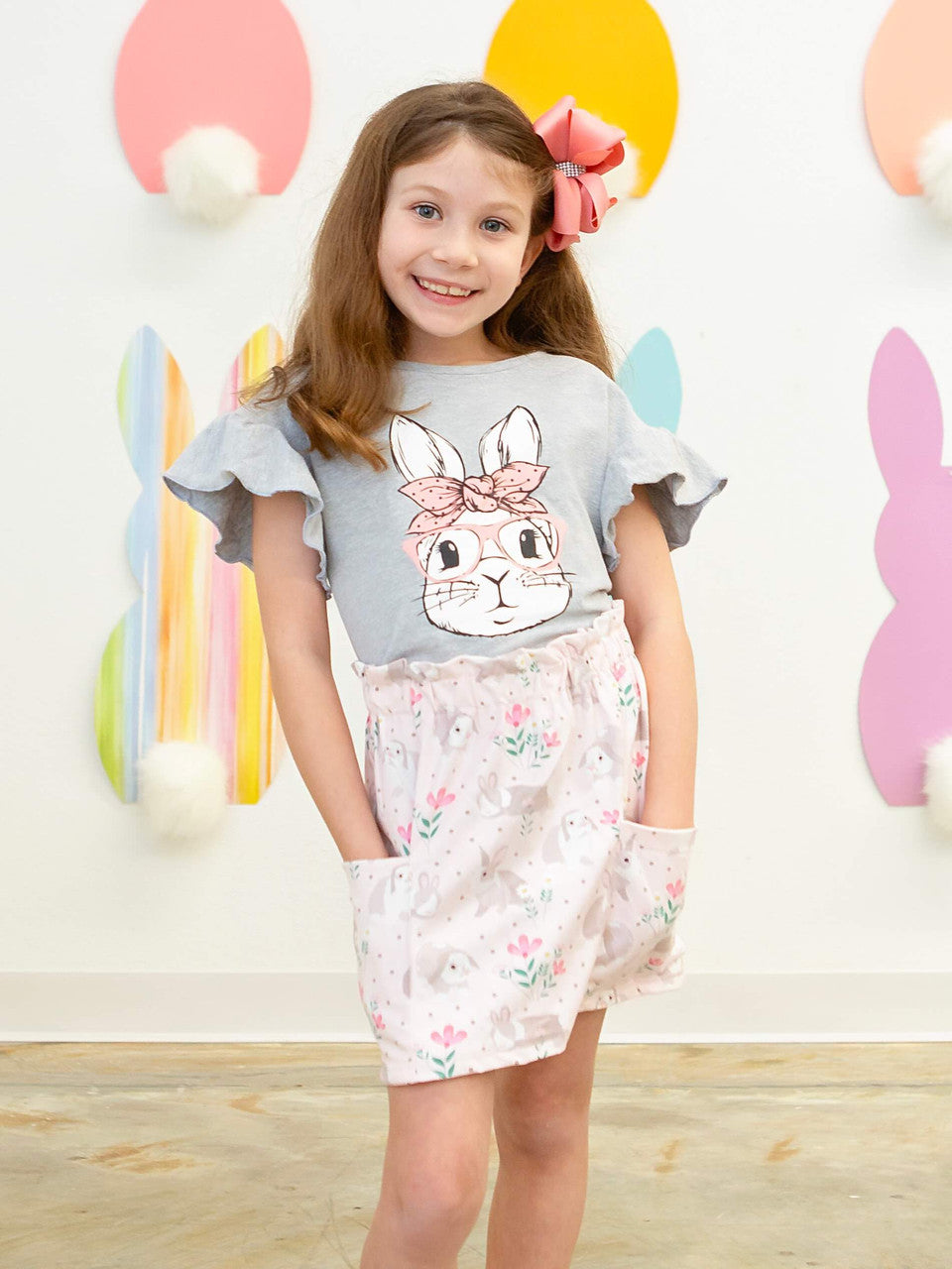 Grey Bunny With Glasses Top With Floral Print Skirt Set.