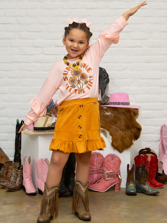 Peach Long Sleeve Top With Sunflowers, & Mustard Button Skirt on Model.