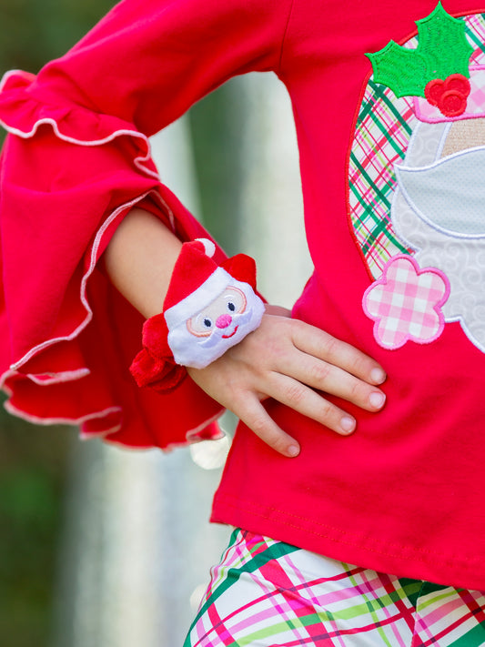 Santa Scrunchie on a model's wrist