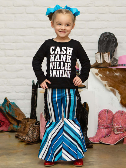 Black long sleeve shirt that says Cash Hank Willie & Waylon with hues of blue stripes and fringe bell bottom pants on Model.