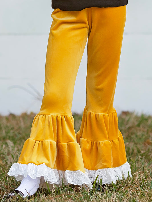 Mustard Lace Trimmed Velvet Leggings