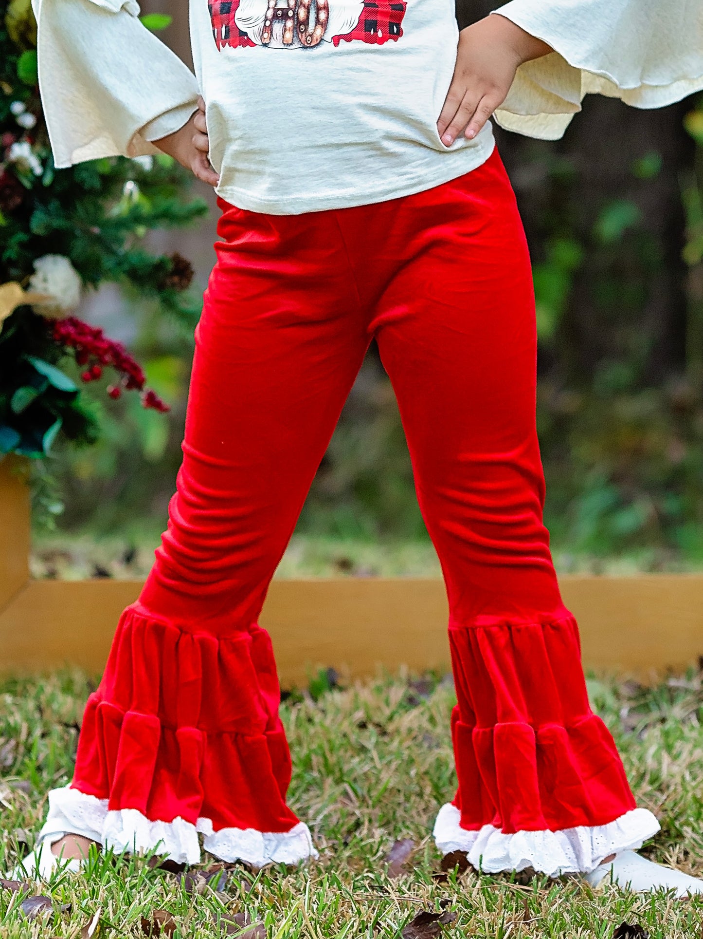 Leggings de terciopelo con ribetes de encaje rojo