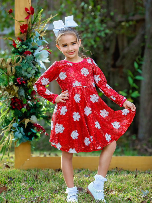 Snowflake Sequin Twirl Dress on a model