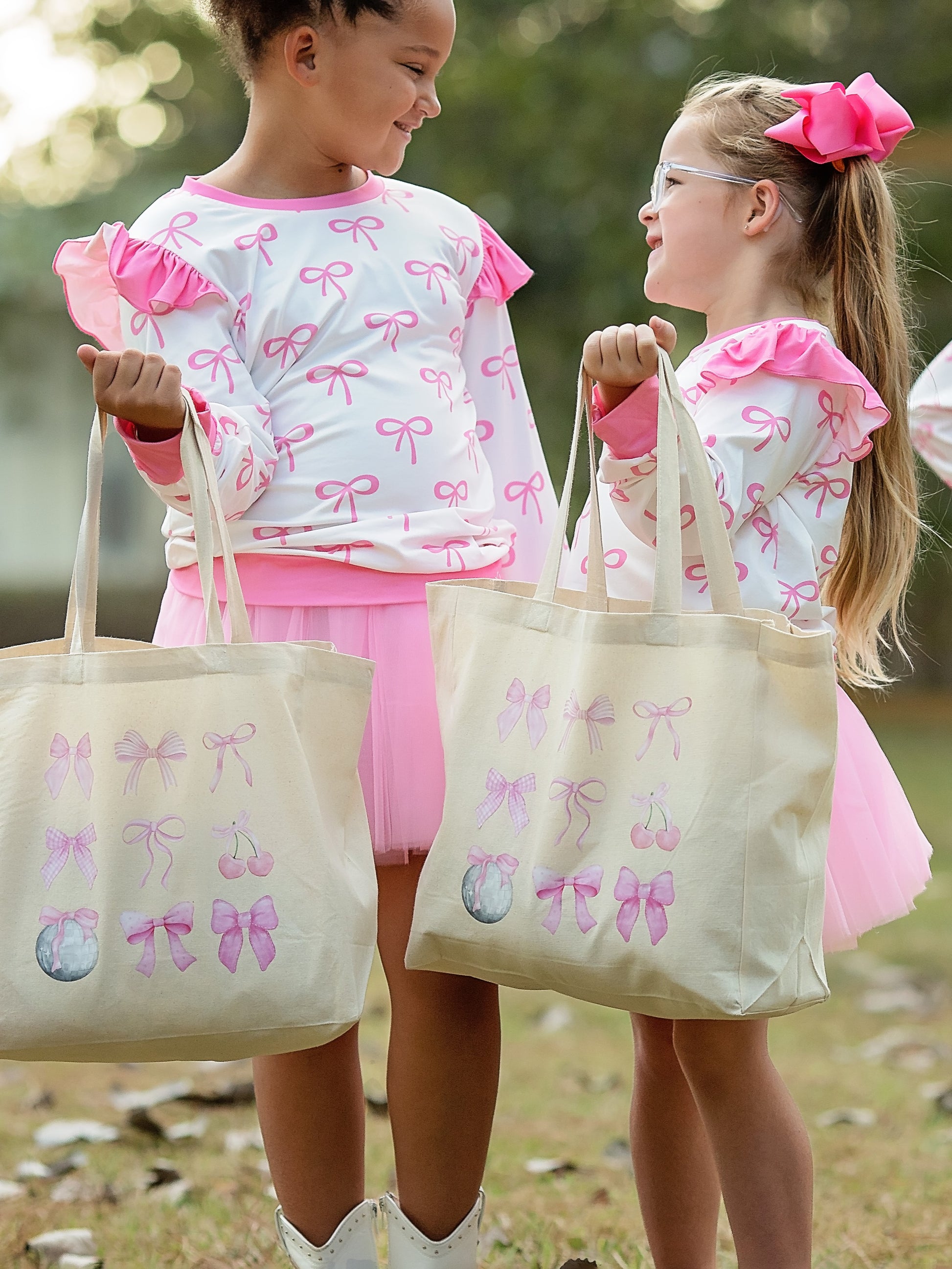 Coquette Bow Print Book Bag with models