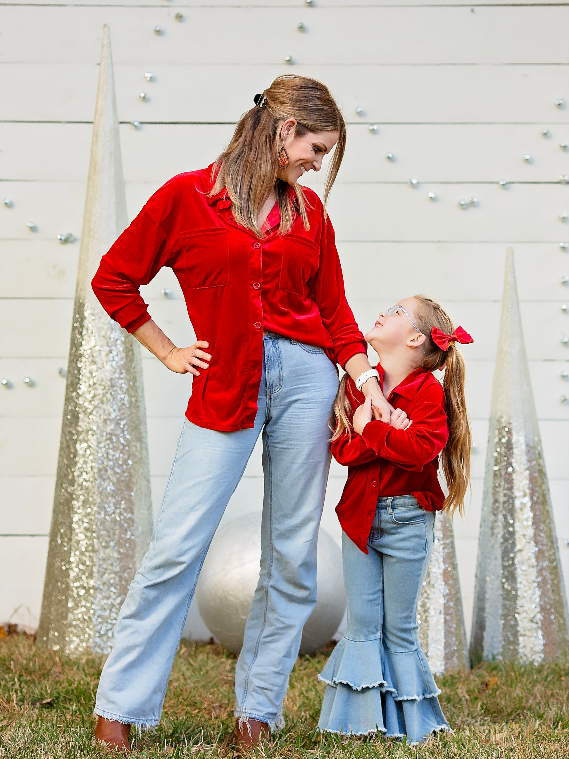 Mommy & Me Red Velvet Button Down on an adult and child model