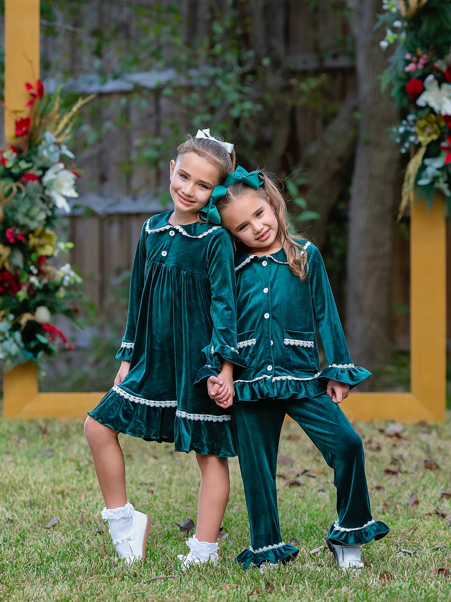 Our Green Velvet Girl's Nightgown and our  Green Velvet Girl's PJ Set on a model