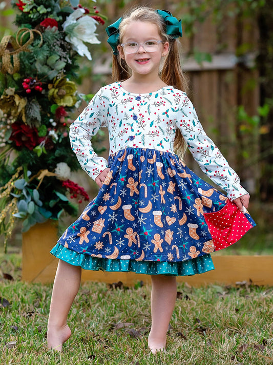 Holly & Gingerbread Men Tiered Dress on a model