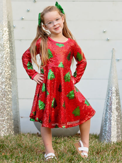 Christmas Tree Sequin Twirl Dress on a model