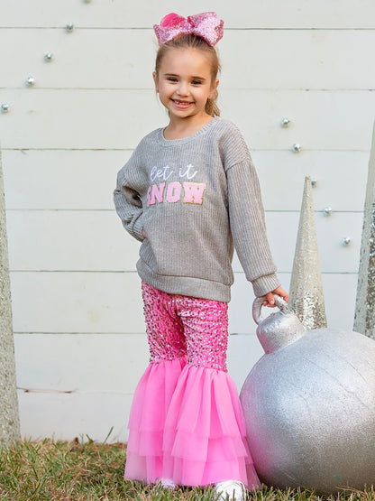 Let It Snow Pink Tulle Bell Bottoms Set on a model