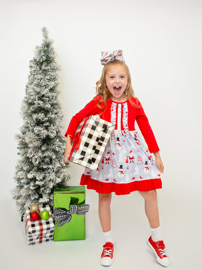 Girls snowman dress in red and grey